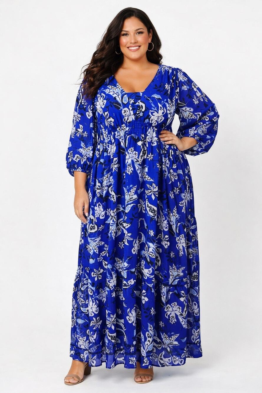 Chico's Abstract Chiffon Maxi Dress Blue Paisley Tiered Empire Waist 2 12 Boho